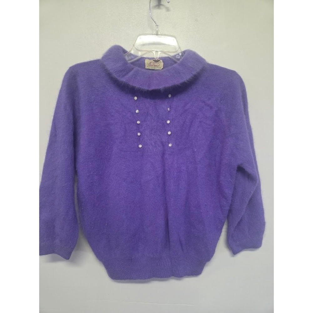 Angelon by Darlene Vintage Purple Angora Wool Blend Sweater Beaded Collar Sz 38
